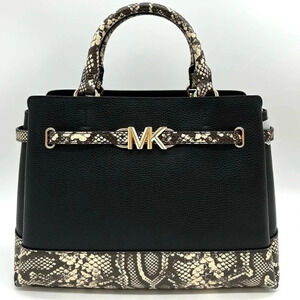 Michael Kors Reed Large Leather Belted Satchel Crossbody Bag Black Snakeskinn